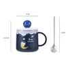 Canecas Europeias Cerâmica Europeia Cartoon Planet Caneca de café com tampa e colher Departamento de casal Copo de chá de chá de chá Drinkware de copo 350ml