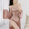 Ev Giyim Nightgown Sweetwear Seksi Patchwork Dantel Nightdress Binyolu Elbise Kadınlar Düğün Nightyrobe Set Yaz Saten Giyim Loungewear