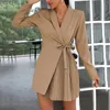 Vestidos casuais 2024 Mulheres Manga longa Lace Up Pleated Mini Blazer Dress Spring Autumn Elegant Solid Color Sexy Office Lady Fashion