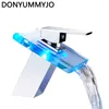 Bathroom Sink Faucets High Quality LED Light Waterfall Spout Basin Faucet Deck Mount 3 Colors Change Tap Water Power Mixer