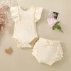 衣料品セット幼児の女の女の子2ピース衣装リブ付きニットフリルスリーブロンパートップスとショートパンツ幼児夏の服