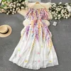 Women Basic Casual Dresses Fashion Gorgeous Flower Chiffon Cool Shoulder Ruffles Dress Women Slash Neck Short Sleeve Floral Print Boho Robe Vestidos 2024