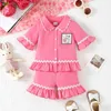 03Y Baby Girls Summer Pajama Set Short Sleeve Lapel Button Down Shirts Tops Ruffle Shorts Toddler Sleepwear Kids Loungewear 240325