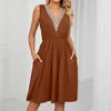 Casual Dresses for Women 2024 Summer Dress Sleeveless Pockets spets sömnad V Neck sundress Loose Comfy Elegant Ruffles