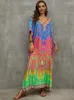 Vestidos de tamanho grande gradiente Multicolor impresso Sexy V Vestido Longo para Mulheres 2024 Casual Vacadas de Vacadas de Verão Praia Máxi Q1464