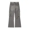 Women's Jeans 2024 Pocket Strap Trim Mid-waist Loose Straight Leg Cargo