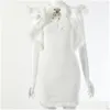 Podstawowe sukienki swobodne kobiety Lotus Liść Rękaw Sukienka Lapel Spring Summer Solid Kolor Czarne białe eleganckie krótkie rękawy retro f dhdj6