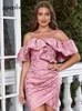 Casual Dresses Pink Patchwork Mini Dress Women's Fine Shoulder Strap Clip Sleeve Bodycon Draped Asymmetric Evening Cocktail Party Vestido