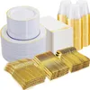 Disposable Dinnerware 700PCS Gold Plastic Plates - 100 Guest White With Rim Include Dinner Dessert