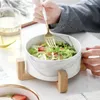 Tigelas tigela de salada de mármore cerâmica nórdica com prateleira de bambu frutas de sobremesa macarrão de macarrão de arroz de macarrão de macarrão