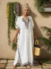 White Embroidered Plus Size Kaftan Dress 2024 Women Summer V Neck Casual Robe Bohemian Beachwear Bikini Cover-ups Caftans Q1545