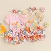 Clothing Sets Born Baby Girl Summer Outfits Cute Short Sleeve Letter Romper Tops Ruffled Floral Shorts Headband 3Pcs Infants