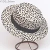 Breda randen hattar hink Nya kvinnor leopard mönster ull filt rodd hatt platt topp fedora retro formell parti trilby yq240407