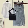 Arbeitskleider Fashion Casual Drei-teiliges Set für Frauen Frühlingssummer Outfits Sonnencreme Hemd Camisole Top Denim Split Rock Anzüge