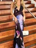 Lässige Kleider Frauen sexy Rückenless Bodycon Maxi Kleid breite Träger V-Ausschnitt Krawatte Dye Blumendruck Langer Schlank