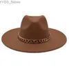 Chapéus de aba larga balde de 9,5 cm de largura fedora feminina casual metal cadeia de metal feste chap