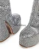 Dress Shoes Sexy Style Women Platform Mid-Calf Boots With Rhinestone Square Toe Chunky Super High Heel Custom Made Colors Slip On Design