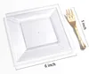 Placas de sobremesa quadrada de utensílios de jantar descartáveis com 100pcs Gold Forks 200pcs copos de plástico de 10 onças