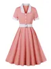 Party Dresses Tonval 2024 Vintage Style Pink Dress With White Collar 95% Cotton Button Up Retro 40s 50s Ladies Elegant Pleated