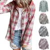 Women's Blouses Women Shirt Coat Classic Plaid Print Long Sleeve Single-breasted Cardigan Patch Pocket Drawstring Hooded Sweatshirt