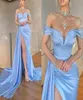 2022 Sky Blue Satin Mermaid Evening Dress High Split Off 어깨 무도회 파티 가운 우아함 No Cap Robe de Soiree vesidos de fiest8787188