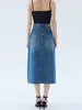 Rokken vrouwen voorste spleet spleet denim midi rok vintage katoen 2024 lente vrouwelijke mode hoge taille lang jupe