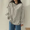 Kvinnors T-skjortor Casual Black and White Stripes T-shirt Spring Autumn Long Lantern Sleeves O-Neck Loose Korean Style Fashion Pullover