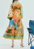 2024 Ny kvinnors designklänning med ubåtkokosnötskogtryck flip krage, midja lindad långärmad klänning, sommarstil