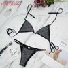 Set sexy Ellolace Sexy Diamond Underwear Fiest Fiest Set Mujeres de sujetador de Halter Deep-V Sets femenino de 2 piezas Balette y tanga Fashion Black White L2447