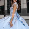 Sky Blue Shiny Off the Shoulder Ball Gown Quinceanera Dresses Applices Lace Beading Bow Tull Corset Vestidos DE 15 ANOS