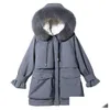 Womens Down Parkas Winter Women Korean Warm Cotton Jacket Big Fur Collar Hooded Padded Coats Elasted Waist Solid Mid-Long Coat Drop De Dhbyt
