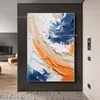 Large Colorful Minimalist Texture Oil Painting Blue White And Orange Texure 100% Handmade Cnavas Wall Art Modern Abstract Painting For Living Room Decor