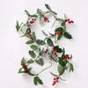 Decorative Flowers 2m Red Berries Artificial Holly Leaf Vine Christmas Rattan DIY Garland Wreath Xmas Tree Hanging Ornaments Home Decoration