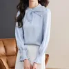 Kadın bluzları qoerlin açık mavi bluz kadınlar Koreli çivilenmiş boncuk yay düz renkli şifon gömlekleri femaletempament casual uzun kollu