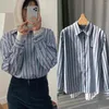 Women's Blouses geborduurde vrouwen katoen blauw gestreepte blouse 2024 lente turn down kraag dames met lange mouwen shirt en top