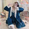Home Clothing Flower Women Pajamas Set Soft Flannel 3PCS Sleepwear Winter Robe Suit Sexy V-neck Kimono Gown Blue Lace Trim