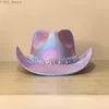 Breda brimhattar Bucket Laser Rainbow Cowgirl Hat Hot Stamped Jazz Fedora Bright Hip Hop Party Rave Cowboy Y2K YQ240407