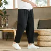 Män fast färgbyxor Mens Mens Lose Straight Drawstring Ninth Pants with Elastic midjedfickor som är andningsbara för dagliga 240326