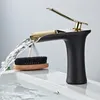 Bathroom Sink Faucets BLACK GOLDEN Basin Faucet Cold And Water Waterfall Single Handle Mixer Tap Deck Mount Torneira