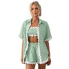 Womens 2 Piece Outfits Beach Vacation Summer Short Sleeve Button Down Shirts and Shorts Lounge Sets 2404052