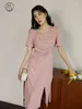 Partykleider Dushu Süß elegantes quadratisches Hals rosa Kleid für Frauen Sommerfront Schlitz hohe Taille schlampig langen Rock Alter reduzierende Frau