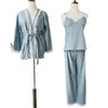 Vêtements à domicile 3pcs Pyjamas Suit 2024 Spring Automne Femmes Coton Nightwear Sleep Set Intime Lingerie Casual Pyjamas