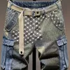 Erkek şort grafik adam denim şort çok renkli erkek kot pantolon erkek ürünleri için uygun metin elastik jorts ince mavi Kore moda xl j240407