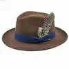 Wide Brim Hats Bucket Feather Trilby Curved Eaves Classic Fedora Hat Mens Burger Bow Vintage Winter and Autumn Sombrero hombre yq240407