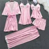 Kvinnor Satin Sleepwear Thin 5 Pieces Pyjamas Sexig spets Pajamas Sleep Lounge Pijama Silk Night Home Clothing Pyjamas kostym 240402