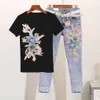 European Station 2024 Summer New Korean Edition Heavy Industry Bead Embroidery Short Sleeves+small Foot Perforated Jeans Set for Women