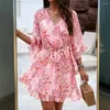 Party Dresses Vacation Mini Dress Floral Print V Neck With Loce-Up Belt Ruffle Patchwork Three Quarter Sleeve A-Line For Women