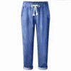 Kvinnors jeans 2024 Spring Summer Woman Long Fashion Casual Drawstring Ankel Lehgth Pants Black Blue Trousers High Street
