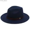 Breda breim hattar hink fashionabla mens ull filt trilby fedora hatt lämplig för herrar bred topp pappa cloche panama sombrero yq240407