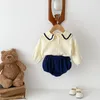 Clothing Sets Born Baby Girls Boys Autumn Full Sleeve Navy Collar Top Tees Solid Bread Bottoms Infant Kids Pure Cotton Set 2pcs